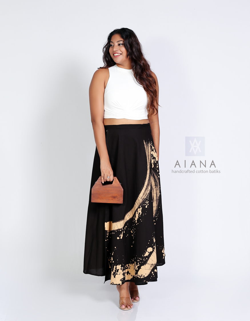 Beige and Black Brush-strokes Batik Wraparound Skirt - Image 3