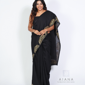 Gold Handpainted  Black Cotton Saree by AIANA