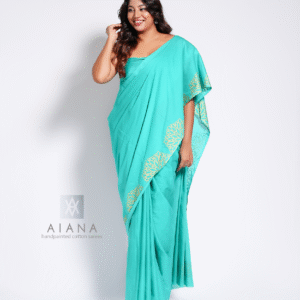 Gold Handpainted  Mint green Cotton Saree by AIANA