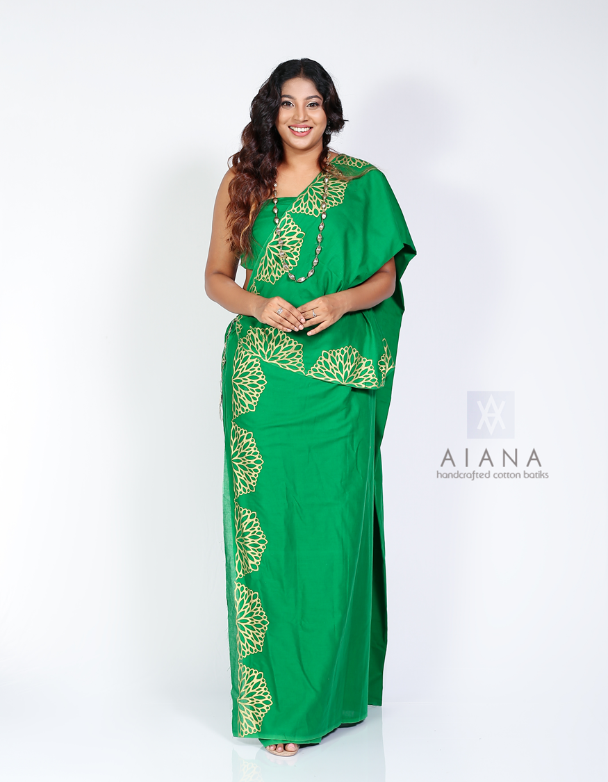Gold Handpainted Green Cotton Saree by AIANA