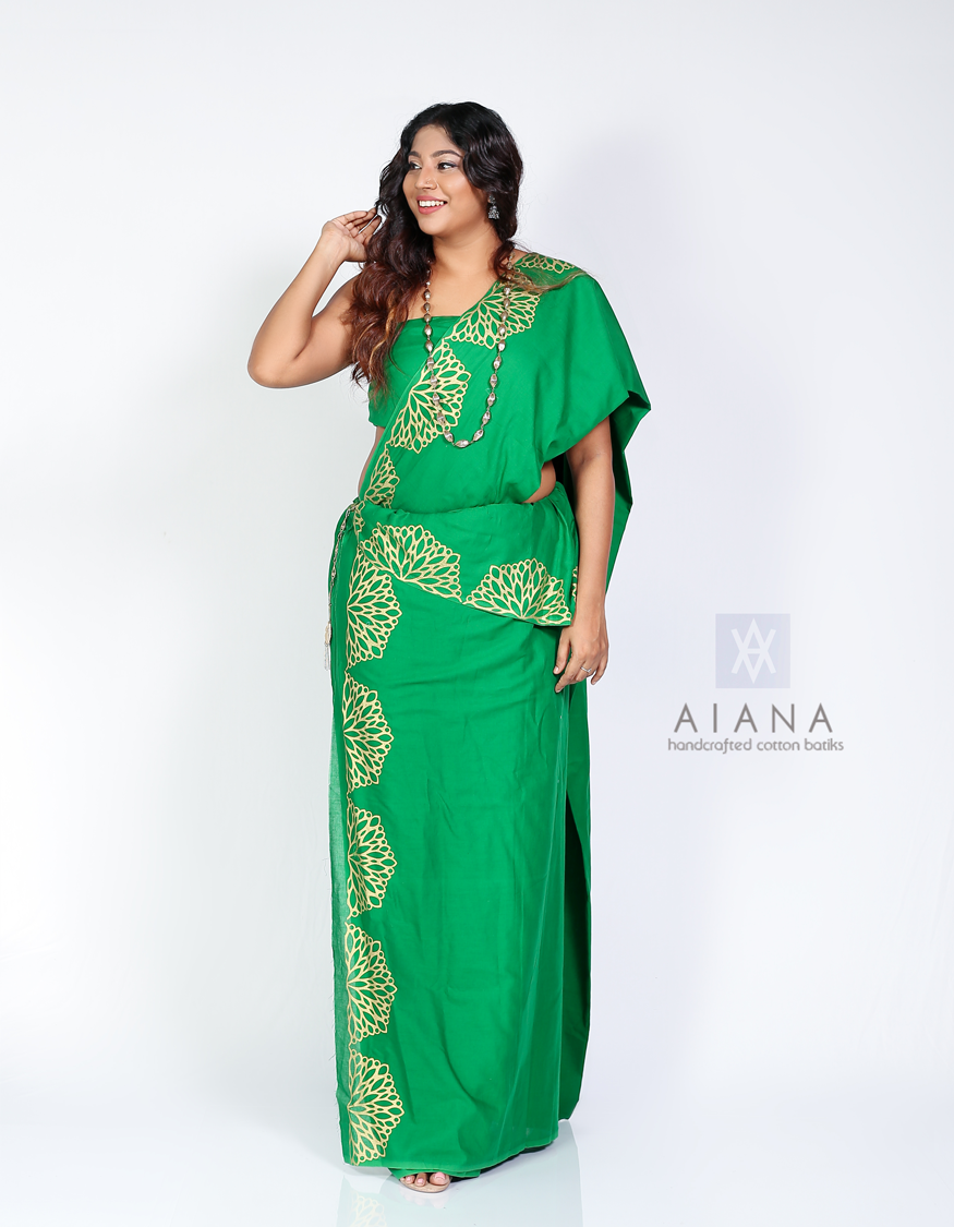Gold Handpainted Green Cotton Saree by AIANA - Image 3